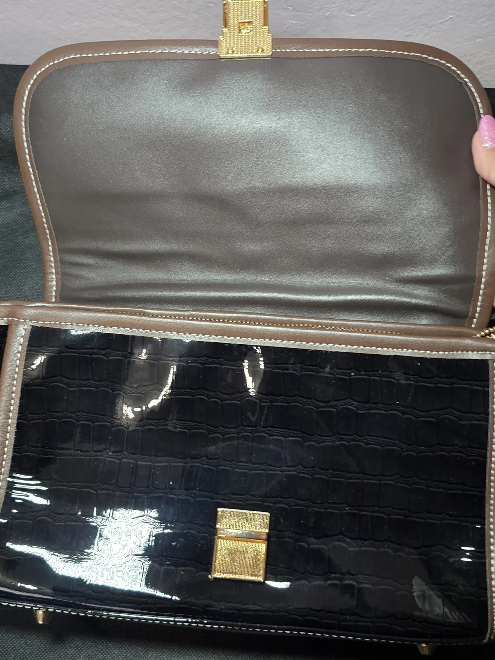 Leopard Print and Black Patent Genuine Leather Crossbody Bag
